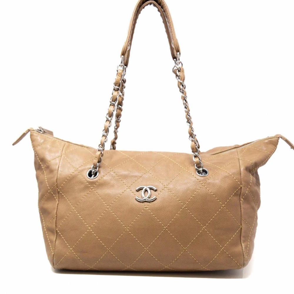 CHANEL CC Caviar Beige Wild Stitch Tote Bag Palladium Chain Purse HOST PICK 💖5